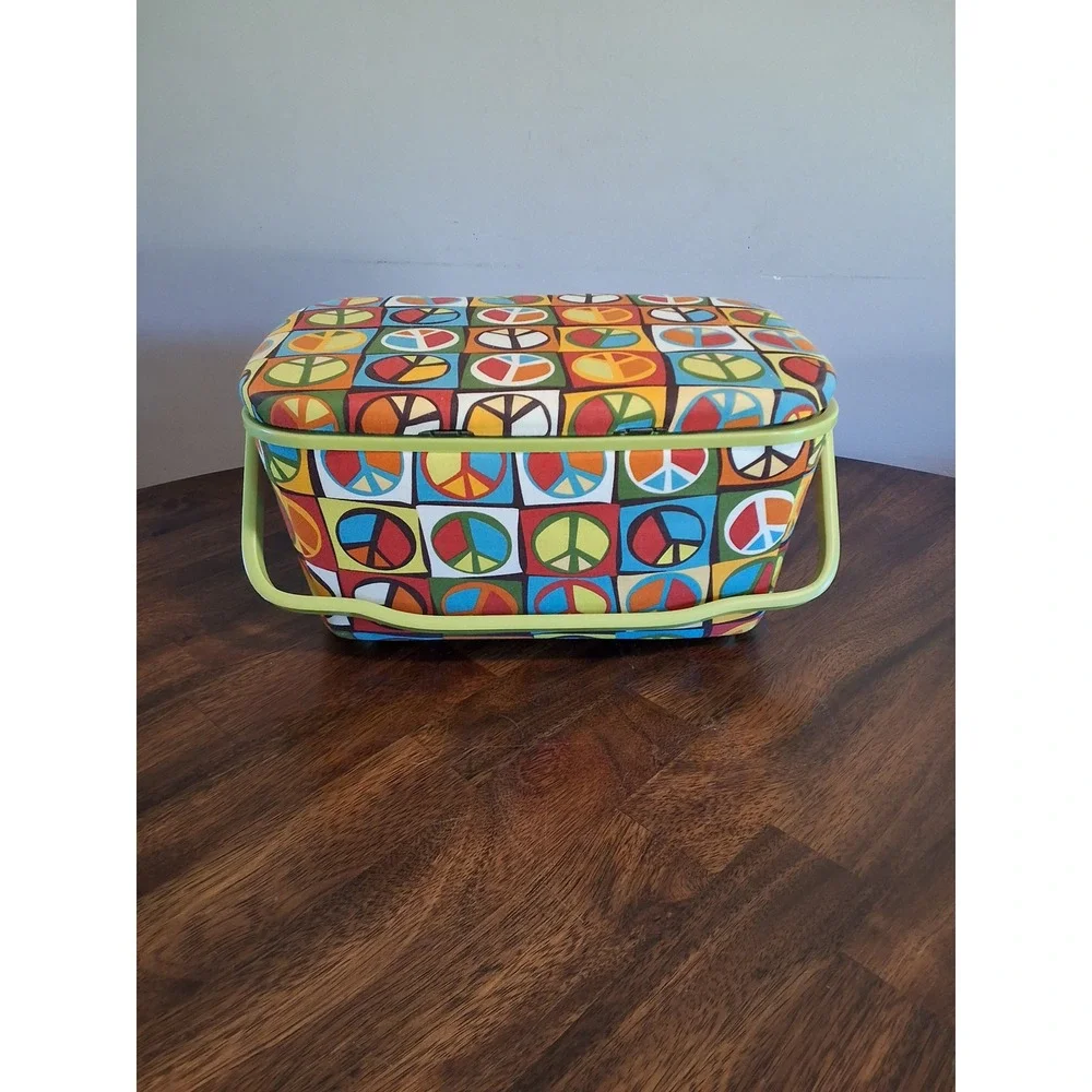 Vintage Style Peace Sign Sewing Basket Organizer Box with Removable Tray Multi